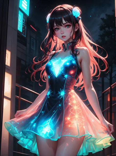 8k, masterpiece, highly detailed, girl, <lora:n15g_sfw_aio_clothing-1.0:0.8>, bioluminescent tennis dress