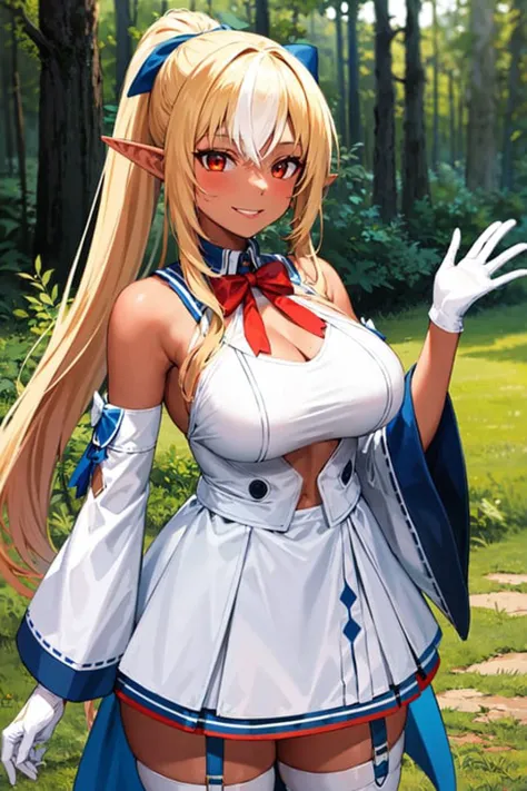 masterpiece, best quality, highres, 1girl, shiranui flare, streaked hair, multicolored hair, dark skin, long hair, blonde hair, hair blue bow, pointy ears, solo, sidelocks, white gloves, detached sleeves, garter straps, white thighhighs, high ponytail, white dress, red eyes, large breasts, red bowtie, white hair, dark elf, long sleeves, bare shoulders, ponytail, <lora:shiranui_flare_v10:0.6>, cowboy shot, smile, outdoors, forest,