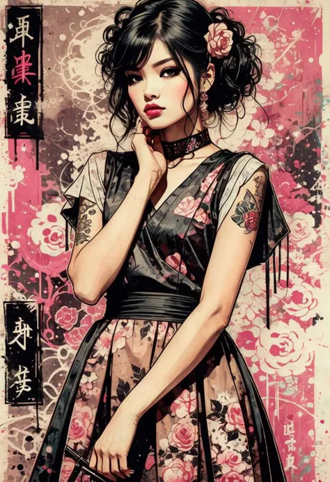 Close-up comic-style illustration capturing a character embracing dark kawaii aesthetics donned in a 1980s dress, hand poised on hip, set against a grunge-inspired background combining off-white, charcoal, and rosy brown hues, visual enhancement through triple exposure technique, accentuating the character's impeccably depicted fingers and idealized form, Japanese ink techniques invoking Brian Viveros