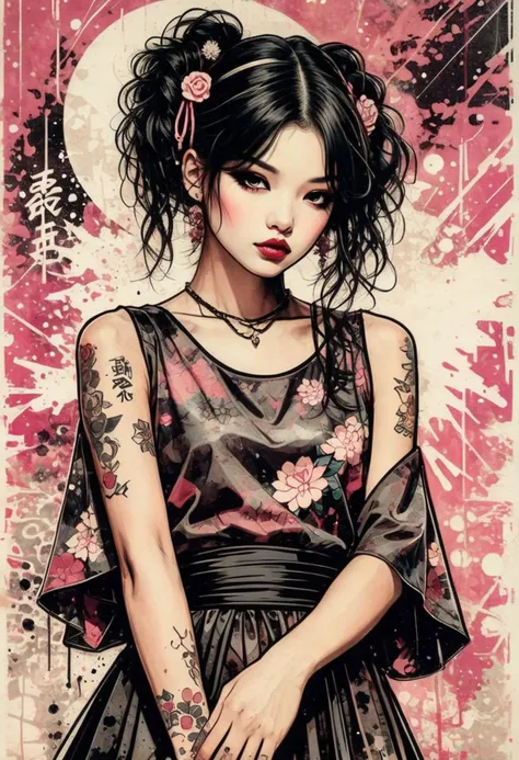 Close-up comic-style illustration capturing a character embracing dark kawaii aesthetics donned in a 1980s dress, hand poised on hip, set against a grunge-inspired background combining off-white, charcoal, and rosy brown hues, visual enhancement through triple exposure technique, accentuating the character's impeccably depicted fingers and idealized form, Japanese ink techniques invoking Brian Viveros