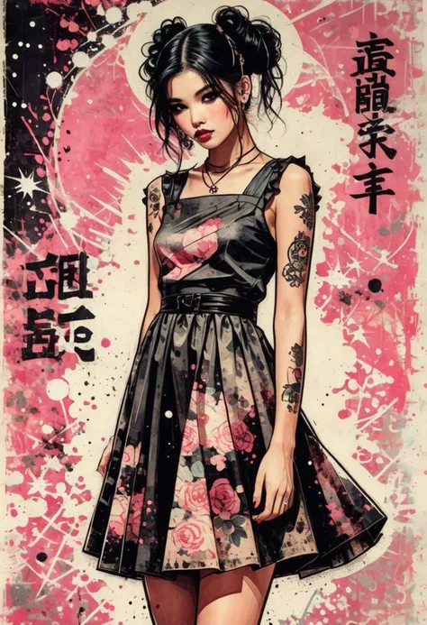 Close-up comic-style illustration capturing a character embracing dark kawaii aesthetics donned in a 1980s dress, hand poised on hip, set against a grunge-inspired background combining off-white, charcoal, and rosy brown hues, visual enhancement through triple exposure technique, accentuating the character's impeccably depicted fingers and idealized form, Japanese ink techniques invoking Brian Viveros