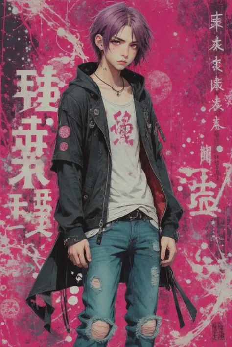 anime style, full body, character concept art, (full body:1.2), 1boy, man, solo, [:creative costume design,:0.2] mystic, japanese, pastel darkmagenta hair, (slim:1.3) build, cyber-grunge background<lora:EnvyStarlightCyberGrunge01:1>