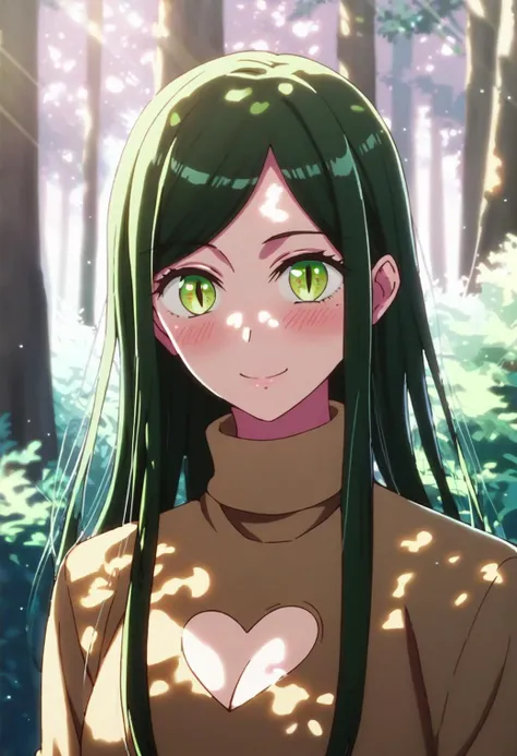 <lora:shiranuifrill_ponyxl_v4.2_dim8-step00001000:1>, shiranuifrill, solo, 1girl, green eyes, slit pupils, black hair, green hair, long hair, turtleneck sweater, heart cutout, outdoors, forest, dappled sunlight, smile, blush,
BREAK
score_9, score_8_up, score_7_up, score_6_up, anime, (high quality, detailed, beautiful), shiny, detailed beautiful eyes, outstanding, countershading, detailed soft lighting