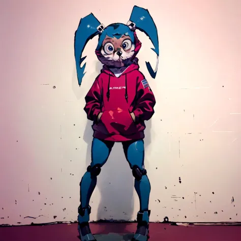 masterpiece, best quality, Jenny(XJ9), blue twintails, android, Robot joints, Robot parts, Beautiful Art Style, 1girl, TailsTheFox, no humans, animal, animal focus, open hoodie, zany, space, standing with hands in her pockets, <lora:Jenny(XJ9):0.8>, <lora:CursedTails:1>
