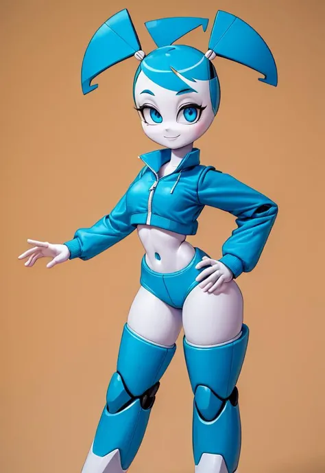 (masterpiece:1.4), (best quality:1.4), (high resolution:1.4), cartoon style, Jenny(XJ9)<lora:Jenny(XJ9):1>, blue university jacket, comfy pants, smile, blue twintails, white and blue skin, robotic parts, robot joints, doll joints, android, cowboy shot, looking at viewer, detailed face, detailed eyes, small breasts, curvy, blue hair, artstation female body, from the front, dynamic pose, solo, 1girl, perfect hands <lora:add_detail:0.7>  <lora:aki-puffy-only-epoch-000002:0.4>