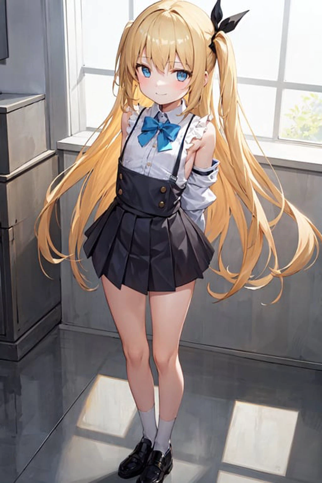 masterpiece, best quality, 1girl, young girl,standing, looking up at viewer, smile, long hair, blonde hair, blue eyes, black skirt, pleated skirt,short sleeves, white shirt,bare legs, slim body,((flat chest)), ((arms behind back:1.3)), cute, head tilt
