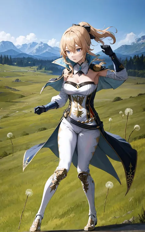 (masterpiece), (best quality), hdr,in sprin,realistic, sun, mountain, in a meadow, strong rim light, beautiful detailed sky, wallpaper, jean \(genshin impact\), Back facing the camera,1girl, breasts, solo,strapless,ponytail, bangs, jewelry, earrings, bow, capelet, signature, sidelocks, cape, corset, blonde hair, long hair,hair between eyes, hair bow, parted lips,Look towards the distance, detached collar, blue capelet,detailed background,blue eyes, bare shoulders, full body, Dandelions are dancing in the sky,