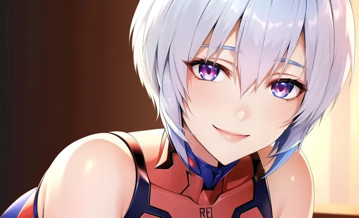 masterpiece portrait of smiling Rei Ayanami \(evangelion\), evangelion \(Hideaki\), caustics, textile shading, high resolution illustration, red eyes, feminine, no pupils, blue hair,  short hair, plugsuit, medium sized breasts, detailed background