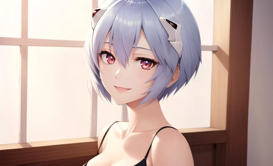 masterpiece portrait of smiling Rei Ayanami \(evangelion\), evangelion \(Hideaki\), caustics, textile shading, high resolution illustration, red eyes, feminine, no pupils, blue hair,  short hair, plugsuit, medium sized breasts, detailed background