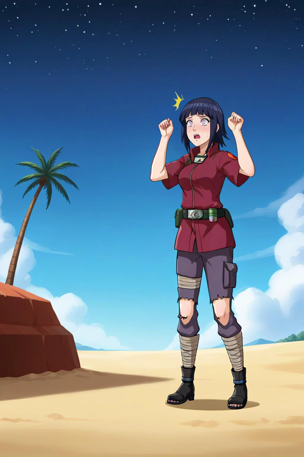 1girl,<lora:SDXL - Char - Hinata-01-01-128-128-15-10:1> 1girl, hinata from naruto,((( is anxious, Hands raised in surrender, palms facing outward, Tattered cargo pants, utility belt, and rugged boots, Background is a starry night sky )))
