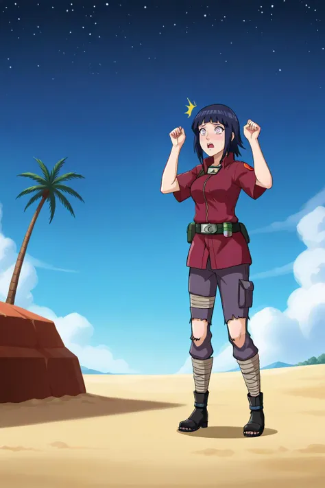 1girl,<lora:SDXL - Char - Hinata-01-01-128-128-15-10:1> 1girl, hinata from naruto,((( is anxious, Hands raised in surrender, palms facing outward, Tattered cargo pants, utility belt, and rugged boots, Background is a starry night sky )))