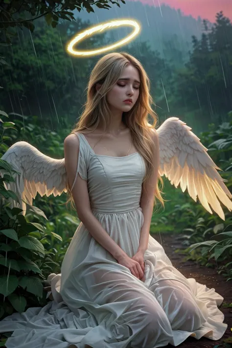 STYLE(A1111), score_9, score_8_up, score_7_up, source_real, realistic, raw, photo, photorealism, & 1girl, angel, white angel wings, kneeling on the ground, outside in the (rain), (lush green forest), raining, sunset, romantic, (white dress), blonde hair, long hair, mid parted hair, closed eyes, sad