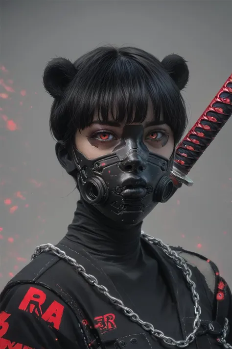 STYLE(A1111), <lora:Pony_DetailV2.0:1>, score_9, score_8_up, score_7_up, source_real, realistic, raw, photo, photorealism, & Short black hair black mechanical masked cyberpunk black mechanical ninja and black masked psychedelic ninja warrior grizzly bear using dark atmosphere mechanical detail cables and chain using katana black and red color palette gothic style