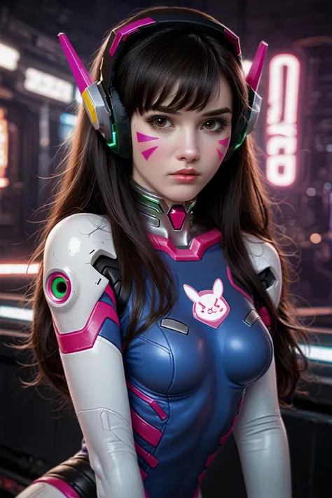 score_9, score_8_up, score_7_up, source_real, realitic, raw, photo, photorealism, & D.Va, Overwatch,reimagined in a cyberpunk universe,cyberpunk style,cyberpunk outfit, long hair, bodysuit,brown hair,brown eyes,pilot suit,headphones,white gloves, medium breasts,swept bangs, skin tight, bunny print, facepaint, glowing neon lights, cinematic scene, vivid detailed skin texture, subsurface scattering