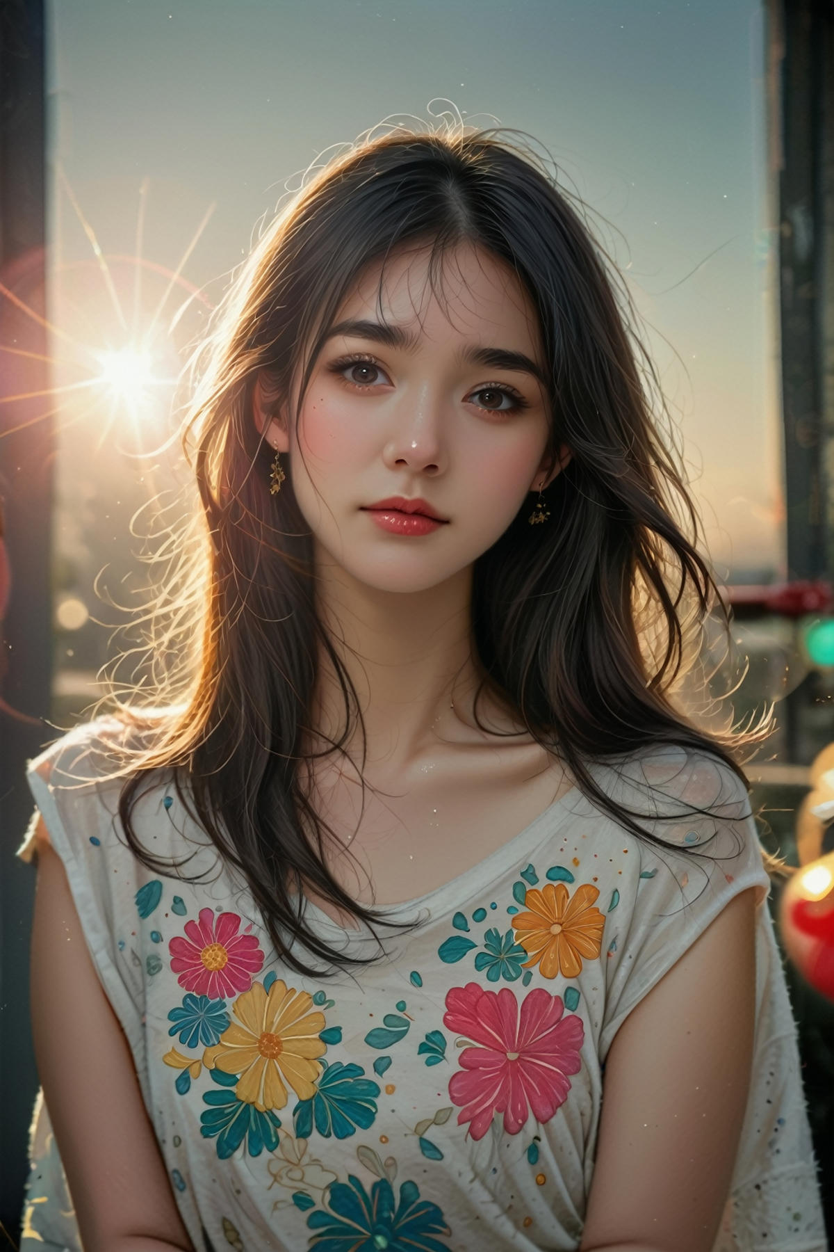 A close up of a woman with long hair and a flowered shirt - SeaArt AI