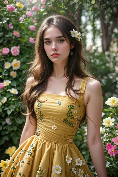 score_9, score_8_up, score_7_up, source_real, realitic, raw, photo, photorealism, & Young woman surrounded by blooming flowers, serene expression, yellow floral dress.