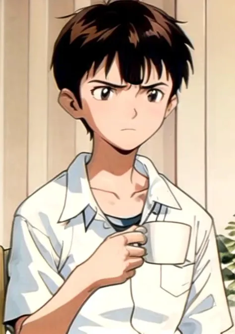 <lyco:shinji-08:0.7> shinji, solo, brown hair, shirt, 1boy, sitting, closed mouth, school uniform, collarbone, white shirt, upper body, short sleeves, male focus, collared shirt, indoors, black eyes, frown, chair, plant, pocket, retro artstyle, breast pocket