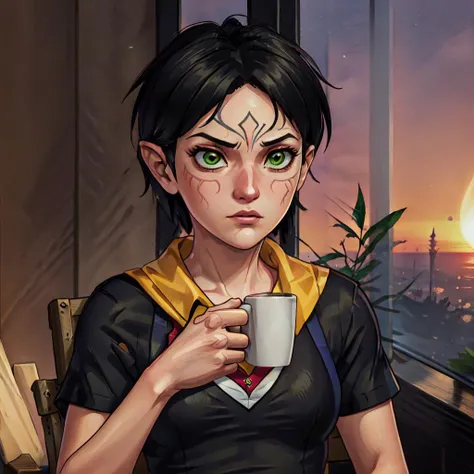 (AS-Adult, 8k uhd, masterpiece, best quality, high quality, absurdres, ultra-detailed, highly detailed eyes, highly detailed hands, intricate detail),
(sunset:1.3), looking at viewer, selfie, <lora:shinji:0.5> shinji, holding a mug,
(sitting in a chair:1.3), (leaning back),
1girl, solo, (angry frown),
photo of <lora:MerrillDA:0.7> MerrillDA sitting in a school classroom next to a window, (wearing a school uniform:1.3), green eyes, (face tattoo:1.1), black hair, short hair, (small breasts:1.5), (flat chest:1.5)
