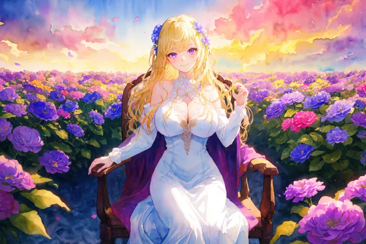 (Watercolor:1.12), 1girl, masterpiece, best quality, extremly detailed, Cinematic lighting, intricate detail, highres, official art, finely detailed beautiful face and eyes, high resolution illustration, 8k, dark intense shadows, overexposure, long blonde hair, long dress, overfit, white dress, white cloak, long sleeves, huge breasts, blonde hair, sitting on chair, magician, witch, white witch hait, purple eyes, light smile, flowerfield, (colorful flowers), colorful, fluttering hair, fluttering flower, upper body, hands out of frame, blue sky, clouds, purple sky, gradient sky, (multicolored_flower)