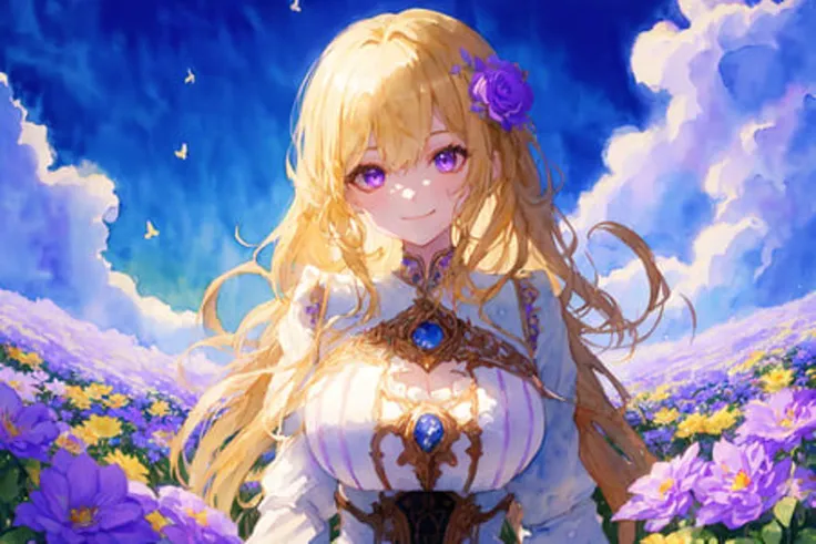 (Watercolor:1.12), 1girl, masterpiece, best quality, extremly detailed, Cinematic lighting, intricate detail, highres, official art, finely detailed beautiful face and eyes, high resolution illustration, 8k, dark intense shadows, overexposure, long blonde hair, long dress, overfit, white dress, white cloak, long sleeves, huge breasts, blonde hair, sitting on chair, magician, witch, white witch hait, purple eyes, light smile, flowerfield, (colorful flowers), colorful, fluttering hair, fluttering flower, upper body, hands out of frame, blue sky, clouds, purple sky, gradient sky, (multicolored_flower)