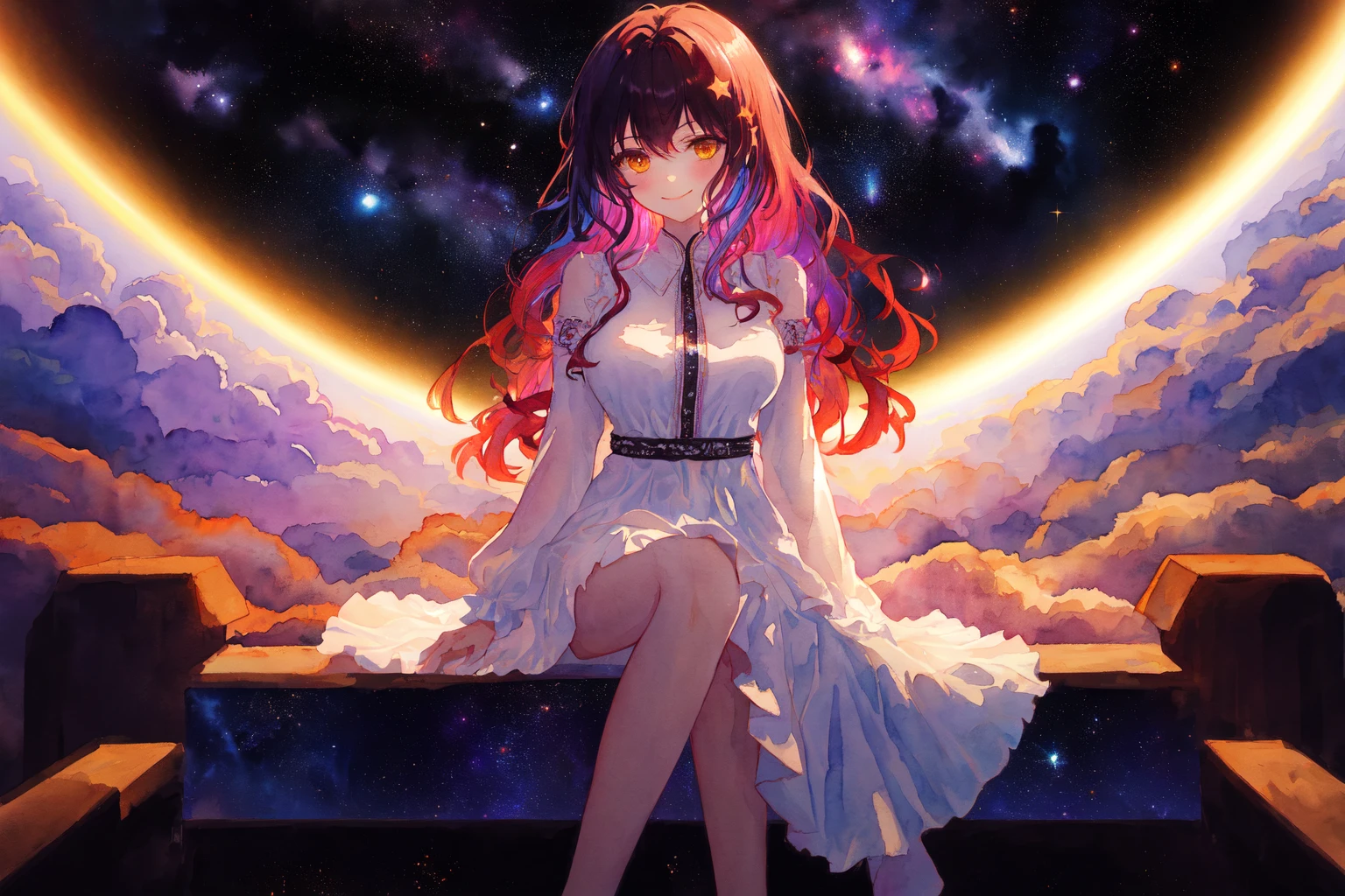 (Watercolor:1.1), Solo, 1girl, masterpiece, best quality, extremly detailed, Cinematic lighting, intricate detail, highres, official art, finely detailed beautiful face and eyes, high resolution illustration, 8k, dark intense shadows, overexposure,((space)), universe, long hair, multicolored hair, (rainbow hair), white dress, simple dress, fluttering dress, long sleeves, detailed clouds, gradient sky, yellow eyes, purple sky, black sky, stars, (milky way), smile, looking at viewer, sitting on cloud, closed legs, looking at the viewer, cloud in space, [wide shot], (upper body), large breasts, long sleeves