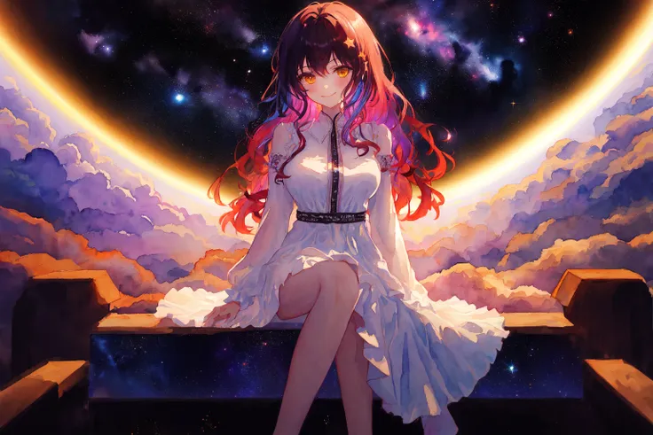 (Watercolor:1.1), Solo, 1girl, masterpiece, best quality, extremly detailed, Cinematic lighting, intricate detail, highres, official art, finely detailed beautiful face and eyes, high resolution illustration, 8k, dark intense shadows, overexposure,((space)), universe, long hair, multicolored hair, (rainbow hair), white dress, simple dress, fluttering dress, long sleeves, detailed clouds, gradient sky, yellow eyes, purple sky, black sky, stars, (milky way), smile, looking at viewer, sitting on cloud, closed legs, looking at the viewer, cloud in space, [wide shot], (upper body), large breasts, long sleeves