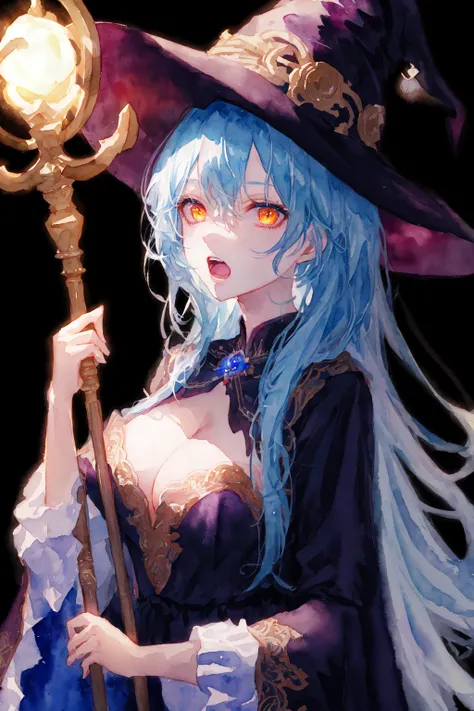 (Watercolor1.16), 1girl, masterpiece, best quality, extremly detailed, Cinematic lighting, intricate detail, highres, official art, finely detailed beautiful face and eyes, high resolution illustration, 8k, dark intense shadows, overexposure, long hair, long hair, blue hair, witch hat, black robe, large breasts, cleavage, holding staff, ((magic)), electricity, yellow eyes, glowing eyes, open mouth,