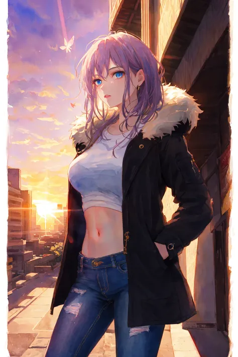 (Watercolor1.16), 1girl, masterpiece, best quality, extremly detailed, Cinematic lighting, intricate detail, highres, official art, finely detailed beautiful face and eyes, high resolution illustration, 8k, dark intense shadows, overexposure, long hair, grey hair, fur coat, short coat, black coat, jeans, hands in pocket, navel, [curvy], cowboy shot, fluttering hair, sunrise, sunshine, gradient sky, purple sky, yellow sky, lens flare, city, roof, expressionless, pink lips, blue eyes