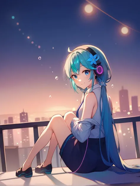 score_9, score_8_up, score_7_up, score_6_up, source_anime, 1girl, 2girls, aqua hair, bangs, bare shoulders, blue eyes, blue theme, bubble, city lights, flower, from behind, full body, hair flower, hair ornament, headphones, holding, long hair, long sleeves, looking at viewer, multiple girls, necktie, night, short hair, sitting, sky, sleeveless, sleeveless shirt, smile, solo, standing, sunset, twintails, very long hair, virtual youtuber <lora:KonYa-v3-XL:1>