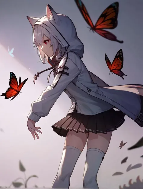 score_9, score_8_up, score_7_up, score_6_up, source_anime, 1girl, solo, bug, butterfly, thighhighs, skirt, holding, pleated skirt, hood, red eyes, black skirt, animal ears, white hair, shirt, long sleeves, white shirt, hood up, profile, bangs, white background, jacket, high quality, masterpiece <lora:KonYa-v2-XL:1>