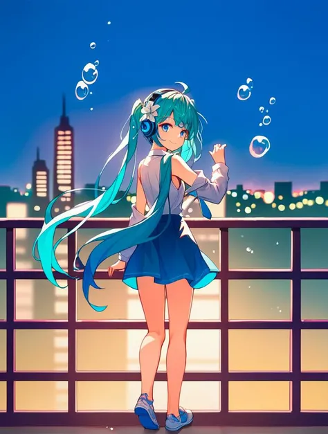 score_9, score_8_up, score_7_up, score_6_up, source_anime, 1girl, 2girls, aqua hair, bangs, bare shoulders, blue eyes, blue theme, bubble, city lights, flower, from behind, full body, hair flower, hair ornament, headphones, holding, long hair, long sleeves, looking at viewer, multiple girls, necktie, night, short hair, sitting, sky, sleeveless, sleeveless shirt, smile, solo, standing, sunset, twintails, very long hair, virtual youtuber <lora:KonYa-v2-XL:1>