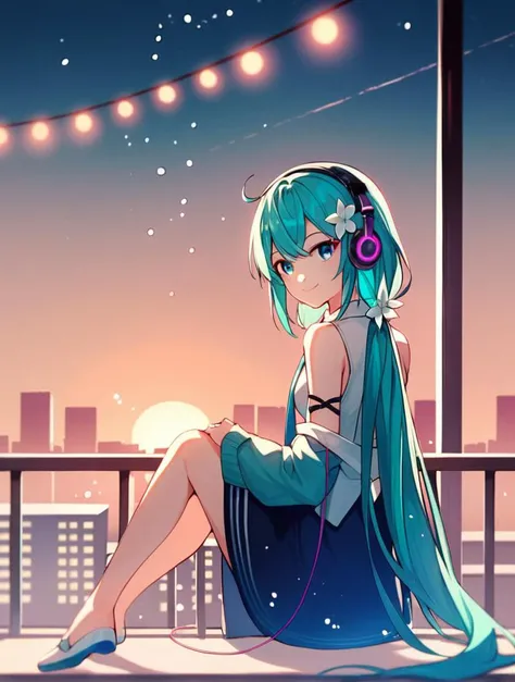 score_9, score_8_up, score_7_up, score_6_up, source_anime, 1girl, 2girls, aqua hair, bangs, bare shoulders, blue eyes, blue theme, bubble, city lights, flower, from behind, full body, hair flower, hair ornament, headphones, holding, long hair, long sleeves, looking at viewer, multiple girls, necktie, night, short hair, sitting, sky, sleeveless, sleeveless shirt, smile, solo, standing, sunset, twintails, very long hair, virtual youtuber <lora:KonYa-v2-XL:1>