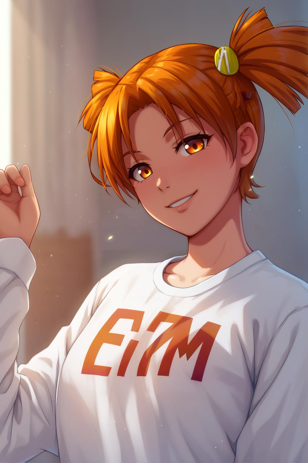 Anime girl with orange hair and a white shirt with an ema on it - SeaArt AI