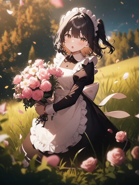 1girl, solo, outdoors, flower, juliet sleeves, black hair, maid headdress, looking at viewer, long sleeves, holding, open mouth, dress, apron, pink flower, maid, puffy sleeves, bangs, black dress, frills, sky, tree, maid apron, grass, holding bouquet, brown eyes, standing, white apron, bouquet, bow, field, two side up, black bow, rose, pink rose, :o, blurry background, depth of field, light particles, bracelet, masterpiece, high quality, recent, very aesthetic