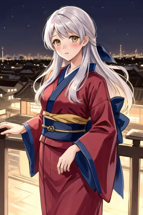 <lora:micaiah-10:0.8>, micaiah fe, 1girl, solo, looking at viewer, blush, city background, japanese clothes, kimono, festival, red outfit, sash, night, cowboy shot