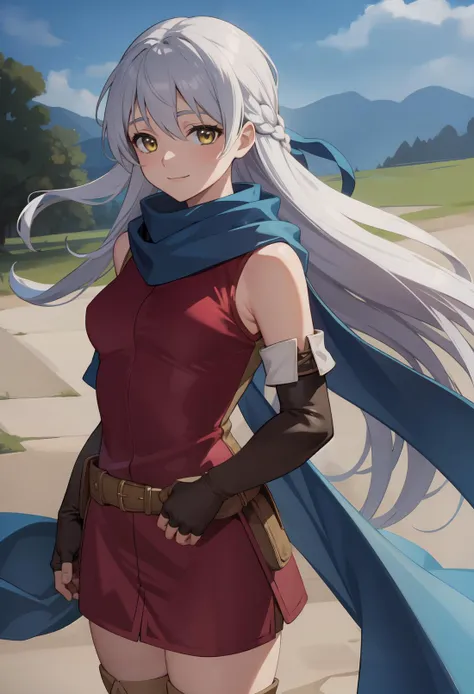 (masterpiece, best quality:1.3), a beautiful photograph of <lora:micaiah:0.85>, micaiah fe, 1girl, blue_scarf, breasts, ((brown_gloves)), closed_mouth, elbow_gloves, fingerless_gloves, floating_hair, gloves, jacket, long_hair, red_jacket, scarf, silver_hair, sleeveless, sleeveless_jacket, small_breasts, smile, solo, standing, very_long_hair, yellow_eyes, landscape, <lora:add_detail:0.3>, <lyco:GoodHands-beta2:1.0>