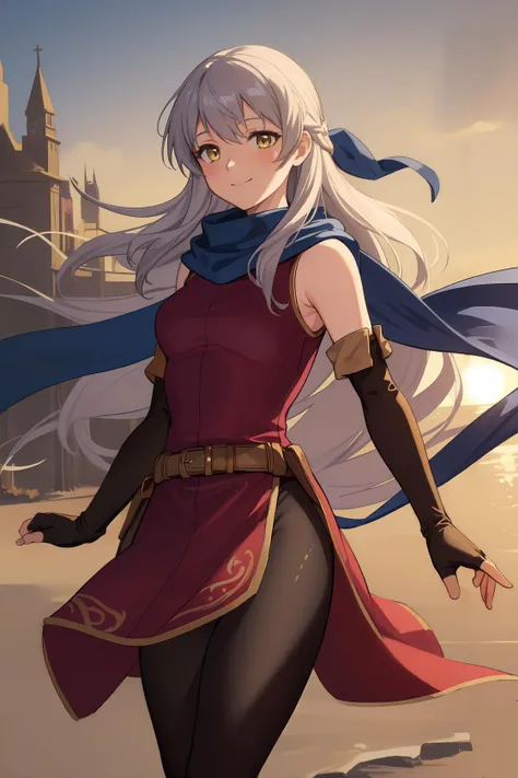 (masterpiece, best quality:1.3), a beautiful photograph of <lora:micaiah:0.85>, micaiah fe, 1girl, blue_scarf, breasts, ((brown_gloves)), closed_mouth, elbow_gloves, fingerless_gloves, floating_hair, gloves, jacket, long_hair, red_jacket, scarf, silver_hair, sleeveless, sleeveless_jacket, small_breasts, smile, solo, standing, very_long_hair, yellow_eyes, landscape, nice hands, (pantyhose, black pantyhose, black tights:1.4) <lora:add_detail:0.45>