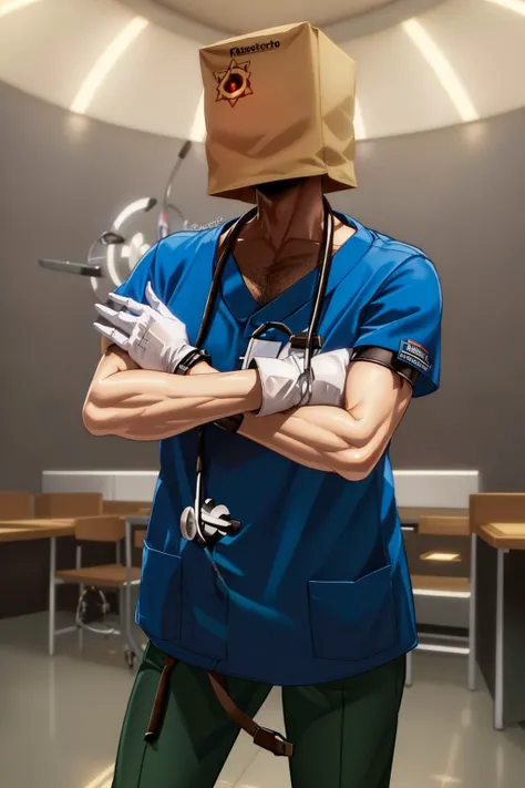 (masterpiece, best quality:1.2), <lyco:guiltygear_faust-11:0.9>, cowboy shot, solo, male focus, 1boy, faust, crossed arms, paper bag, doctor, blue shirt, short sleeves, pants, white gloves, stethoscope