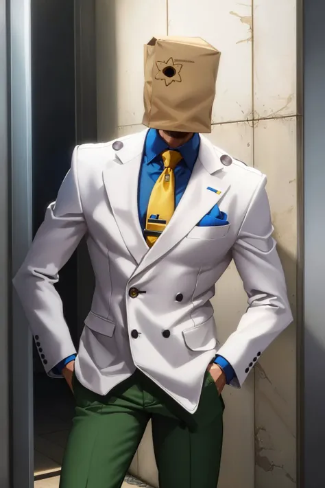 (masterpiece, best quality:1.2), <lyco:guiltygear_faust-11:0.9>, cowboy shot, solo, male focus, 1boy, faust, hand in pocket, paper bag, formal, blue shirt, yellow necktie, white pants