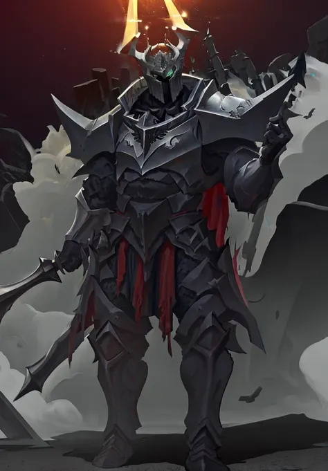 <lora:Mordekaiser_League_of_Legends-000019:0.7>,best quality,helmet,helmet,armor,shoulder_armor,tall,male,chest armor,lord_of_death,black armor,shiny_skin,oil,green_soul,soul_in_armor,holding hammer,spiked mace,strong,dark_lord,(cutout_armor:1.1),