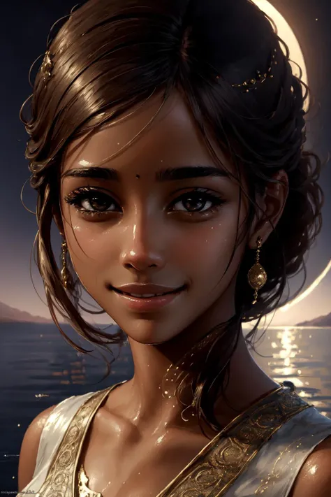 masterpiece, best quality, realistic, 1girl, solo, looking at viewer, portrait, close-up, abstract background, intricate background, smile, moon, water, reflection, (dark-skinned female:0.4), <lora:Waifu-BrianaWildStarV1.4:0.95>