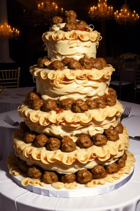 Wedding Cake made out of Lasagna, meatballs, high-quality, best-quality, highres, high detail, <lora:sp4gh3tt1_dr3ss:0.75>