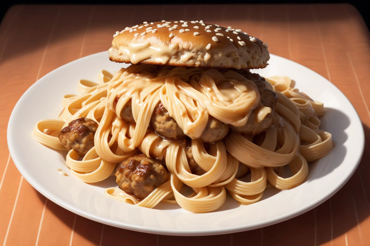 hamburger made from pasta fettuccine, alfredo sauce, meatballs, high-quality, best-quality, highres, high detail, <lora:sp4gh3tt1_dr3ss:0.75>