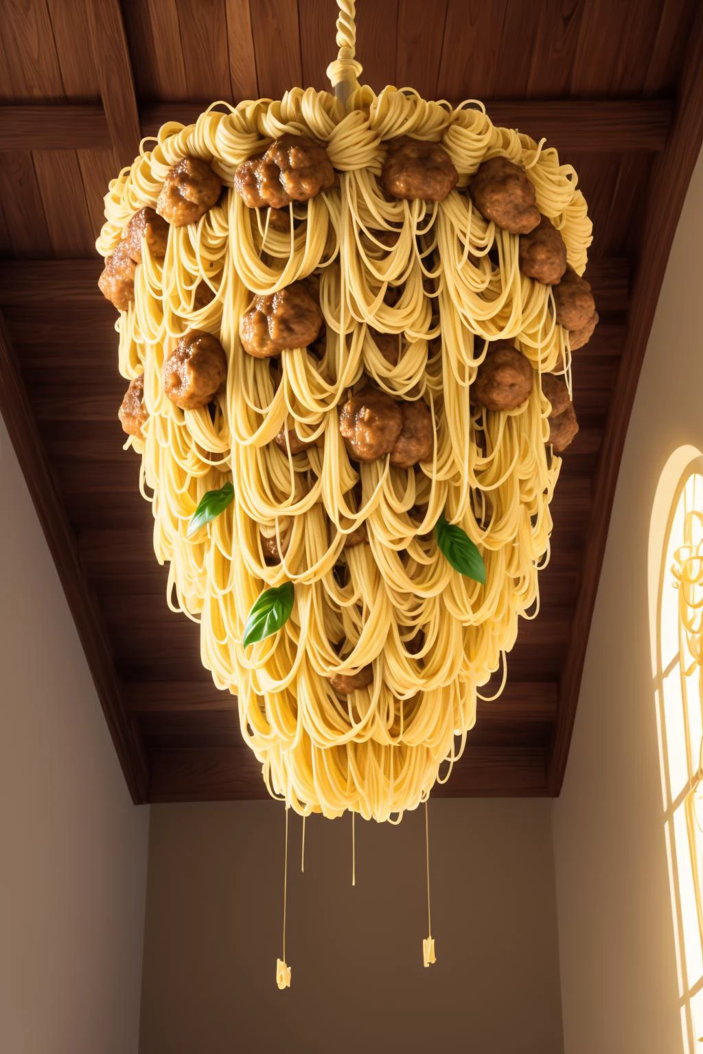 pasta chandelier made of pasta, meatball, vaulted ceiling, high-quality, best-quality, highres, high detail, <lora:sp4gh3tt1_dr3ss:0.75> sp4gh3tt1_dr3ss