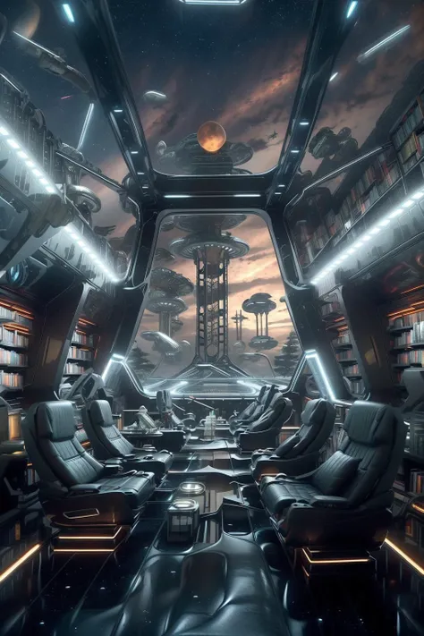 a library with a sofa and book shelves,, (masterpiece),(high quality), best quality, real,(realistic), super detailed, (full detail),(4k),8k,no humans, signature, motor vehicle, ground vehicle, road, outdoors, car, building, science fiction, realistic, scenery, city, snow, sky, vehicle focus, aircraft, lights<lora:XSArchi_127:1>