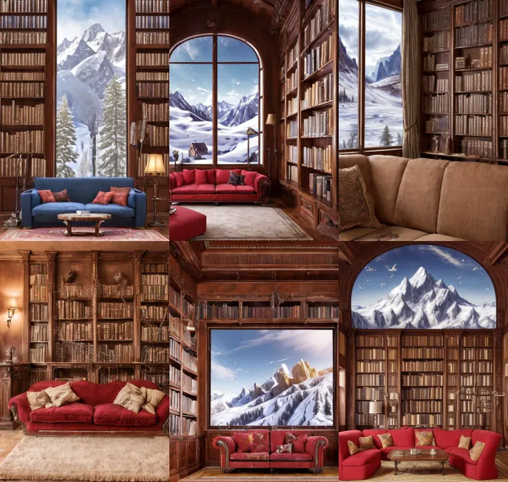 a library with a sofa and book shelves,, (masterpiece),(high quality), best quality, real,(realistic), super detailed, (full detail),(4k),8k,no humans, mountain, snow, outdoors, scenery, reflection, pokemon (creature), window, sky, house, footprints, day, building, tree <lora:XSArchi_127:1>