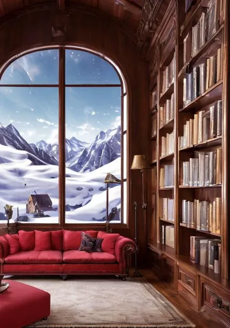 a library with a sofa and book shelves,, (masterpiece),(high quality), best quality, real,(realistic), super detailed, (full detail),(4k),8k,no humans, mountain, snow, outdoors, scenery, reflection, pokemon (creature), window, sky, house, footprints, day, building, tree <lora:XSArchi_127:1>