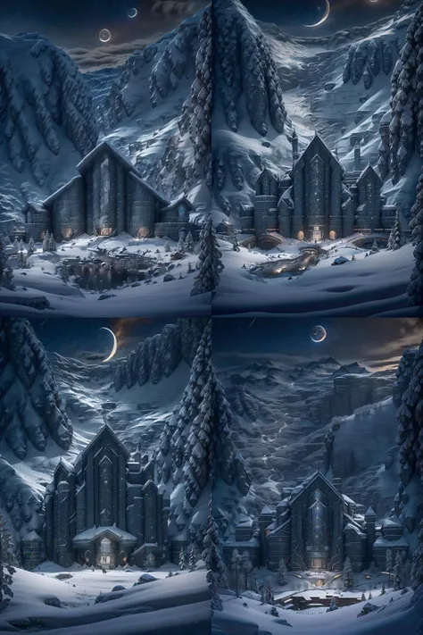 a library with a sofa and book shelves,, (masterpiece),(high quality), best quality, real,(realistic), super detailed, (full detail),(4k),8k,snow, scenery, no humans, mountain, sky, moon, cloud, outdoors, crescent moon, tree, building, border, night, winter, landscape, house, black border, snowing, cloudy sky <lora:XSArchi_127:1>