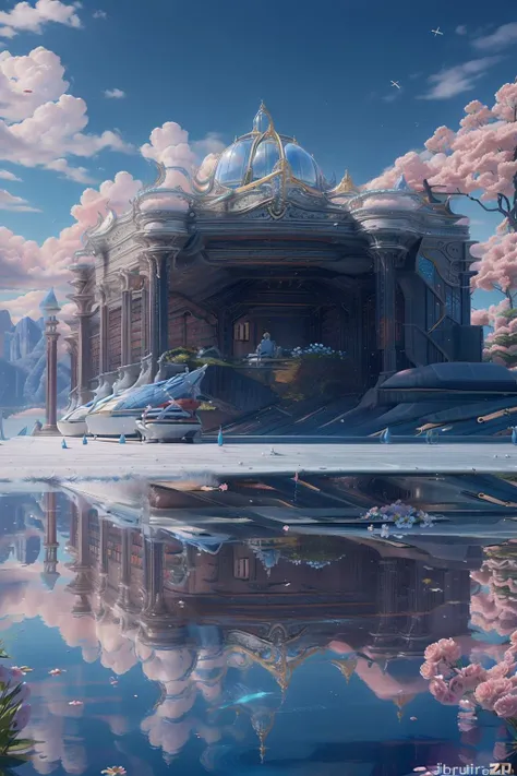 a library with a sofa and book shelves,, (masterpiece),(high quality), best quality, real,(realistic), super detailed, (full detail),(4k),8k,scenery, sky, outdoors, day, building, water, blue sky, watercraft, boat, reflection, flower, signature<lora:XSArchi_127:1>