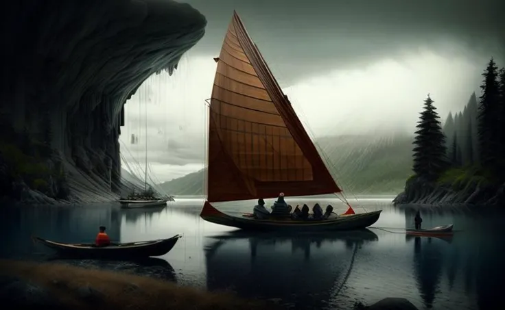 gloomy fisherman sits in a wooden boat,<lora:more_details:1><lora:XSArchi_127:1>
